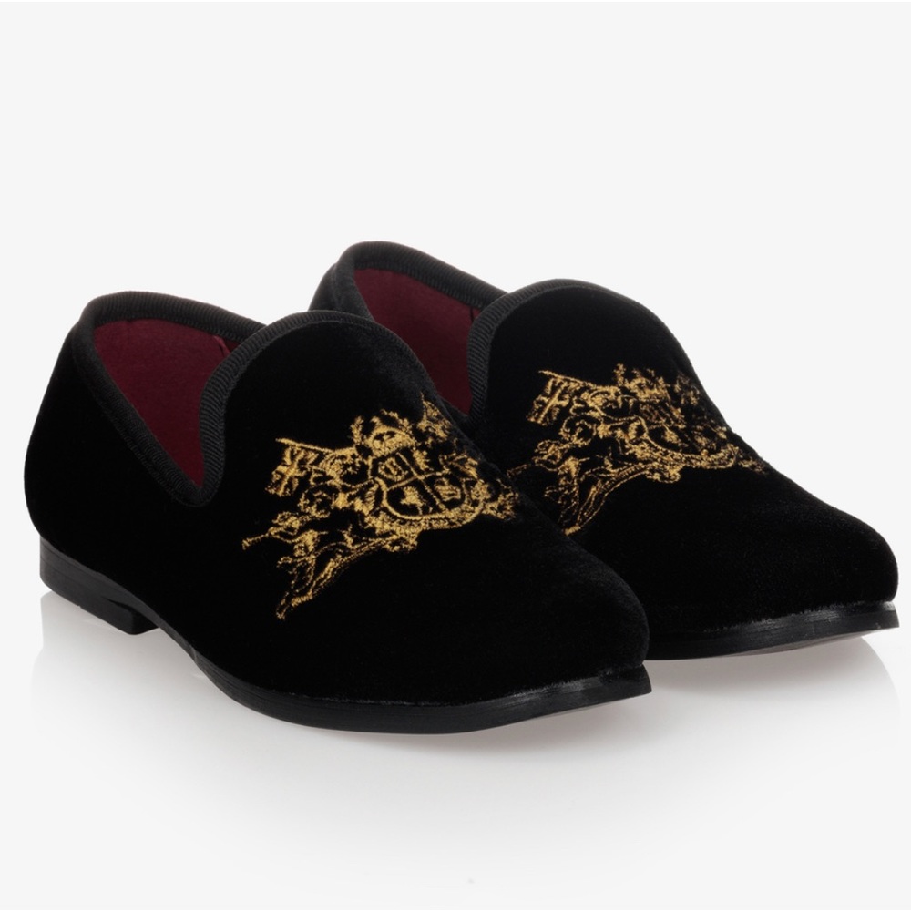 ROMANO BLACK VELVET EMBROIDERED GOLD CREST SLIP ON DRESS SHOES SIZE EU24/7